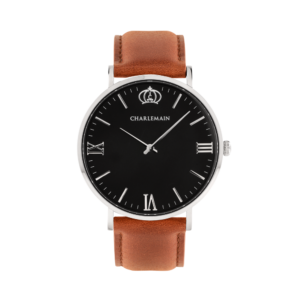 Damenuhr-Charlemain-Silber-black-Leder-brown