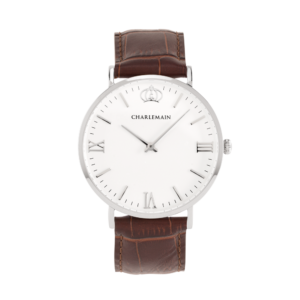 Damenuhr-Charlemain-Silber-white-Leder-Dunkelbraun