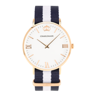 Herrenuhr-Charlemain-Rose-weiss-Nylon-blue-white-rose